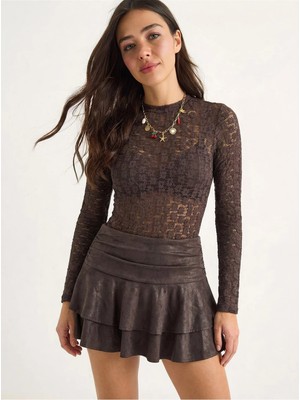Shade Kadın Uzun Kollu Yarım Balıkçı Yaka Transparan Tül Dantel Bodysuit