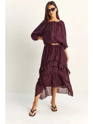 Shade Kadın Bel Lastikli Kayık Yaka Bluz Asimetrik Kat Detaylı Maxi Etek Astarlı Takım