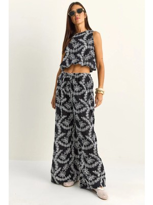 Shade Kadın Nakış Işlemeli Lastikli Balon Crop Bluz Geniş Paça Pantolon Takım
