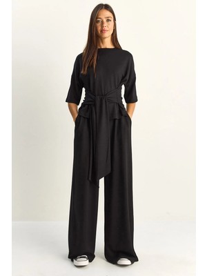 Shade Kadın Belden Bağlamalı Basic T-Shirt Bol Paça Pantolon Alt-Üst Modal Takım