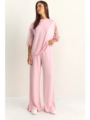 Shade Kadın Kolları Dantelli Oversize Basic T-Shirt Beli Lastikli Bol Pantolon Modal Takım