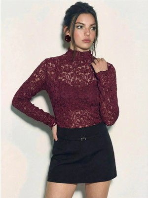 Shade Kadın Yarım Balıkçı Yaka Uzun Kollu Transparan Dantel Bluz