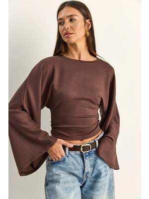 Shade Kadın Belden Oturtmalı Drapeli Geniş Kol Crop Bluz