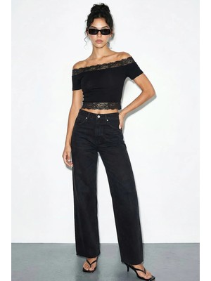 Shade Kadın Madonna Yaka Dantel Detaylı Soft Touch Crop Bluz