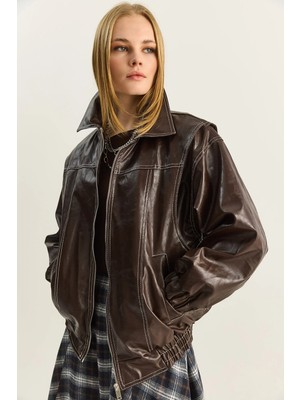 Shade Kadın Dikiş Detaylı Astarlı Beli Lastikli Cepli Oversize Suni Deri Ceket