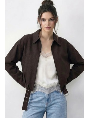 Shade Kadın Oversize Kemer Detaylı Fermuarlı Astarlı Denim Bomber Ceket