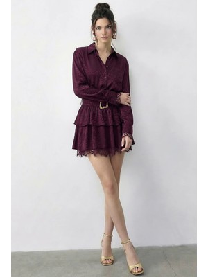 Shade Kadın Leopar Desenli Saten Dokulu Dantel Detaylı Kuşaklı Volanlı Elbise