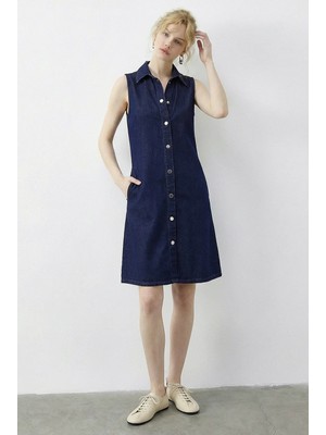 Shade Kadın Çıtçıt Kapamalı Cep Detaylı Gömlek Yaka Denim Elbise