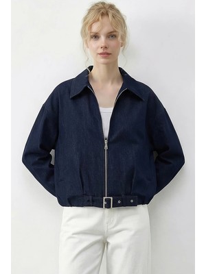 Shade Kadın Oversize Kemer Detaylı Fermuarlı Astarlı Denim Bomber Ceket
