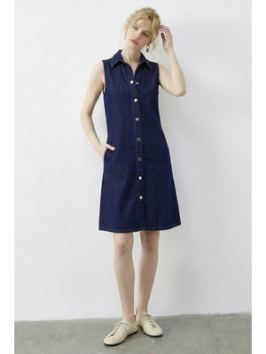 Shade Kadın Çıtçıt Kapamalı Cep Detaylı Gömlek Yaka Denim Elbise