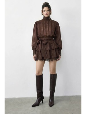 Shade Kadın Çizgi Desenli Vatkalı Dantel Detaylı Kuşaklı Mini Elbise