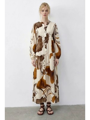 Shade Kadın Desenli Yarım Düğme Detaylı Kat Kat Viskon Elbise