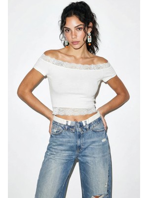 Shade Kadın Madonna Yaka Dantel Detaylı Soft Touch Crop Bluz