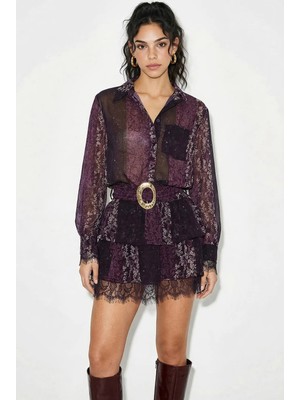 Shade Kadın Dantel Detaylı Desenli Kuşaklı Volanlı Tül Elbise