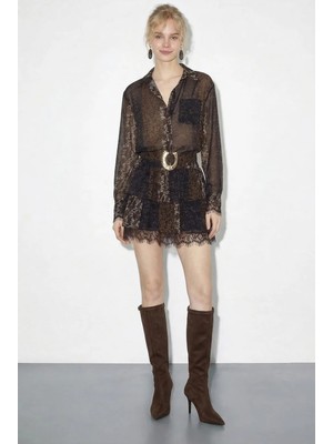 Shade Kadın Dantel Detaylı Desenli Kuşaklı Volanlı Tül Elbise