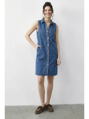 Shade Kadın Çıtçıt Kapamalı Cep Detaylı Gömlek Yaka Denim Elbise