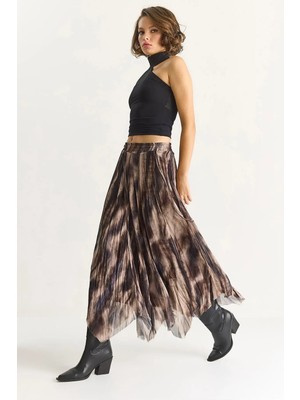 Shade Kadın Desenli Asimetrik Kesim Astarlı Şifon Bohem Etek