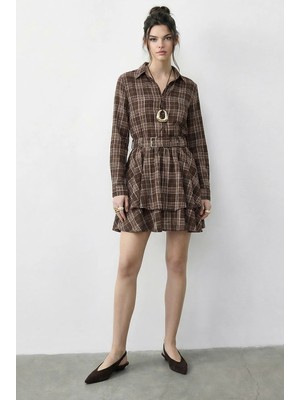Shade Kadın Ekose Desenli Düğme Kapamalı Beli Lastik Kemerli Mini Elbise