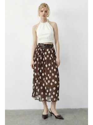 Shade Kadın Puantiyeli Beli Lastikli Astarlı Kemerli Uzun Tül Etek