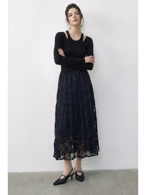 Shade Kadın Beli Lastikli Kendinden Desenli Astarlı Midi Etek