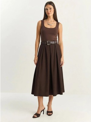 Shade Kadın Pile Detaylı Midi Boy Kemerli Etek