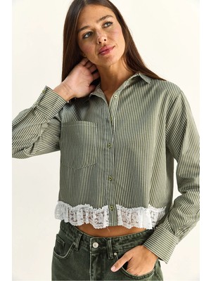 Shade Kadın Dantel Detaylı Çizgili Poplin Crop Gömlek