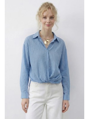 Shade Kadın Önü Büzgü Detaylı Salaş Çizgili Gömlek