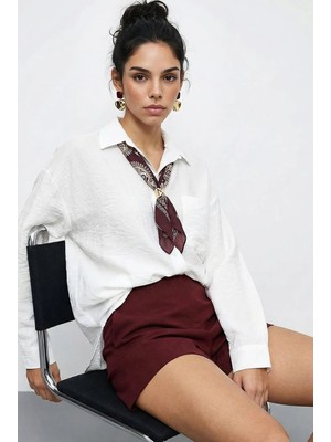 Shade Kadın Tek Cep Detaylı Fular Aksesuarlı Salaş Krinkıl Gömlek