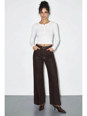 Shade Kadın Kemerli Likralı Geniş Paça Denim Pantolon