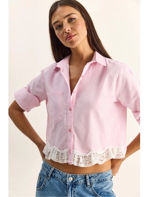 Shade Kadın Dantel Detaylı Çizgili Poplin Crop Gömlek