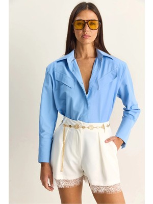 Shade Kadın Vatkalı Çapraz Kapak Detaylı Asimetrik Geniş Manşetli Poplin Gömlek