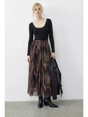 Shade Kadın Desenli Beli Lastikli Astarlı Uzun Şifon Etek