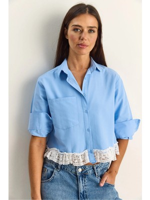 Shade Kadın Dantel Detaylı Poplin Crop Gömlek