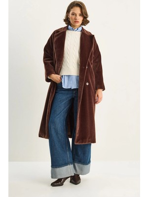 Shade Kadın Sakallı Yumuşak Dokulu Kruvaze Yaka Astarlı Cep Detaylı Kuşaklı Kaban