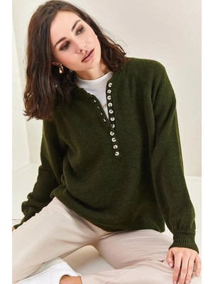 Shade Kadın Yakası Ilikli Balıkçı Yaka Çizgili Triko Kazak