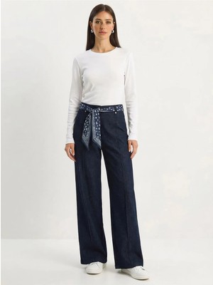 Shade Kadın Saten Kemer Detaylı Wide Leg Denim Pantolon