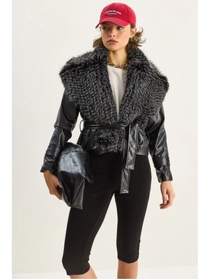 Shade Kadın Kürk Yaka Kuşaklı Astarlı Suni Deri Ceket
