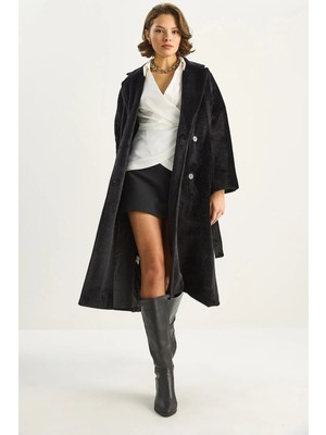 Shade Kadın Sakallı Yumuşak Dokulu Kruvaze Yaka Astarlı Cep Detaylı Kuşaklı Kaban