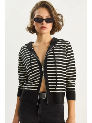 Shade Kadın Çizgili Kapüşonlu Çift Fermuarlı Basic Hırka