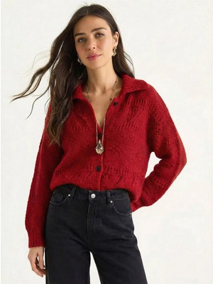 Shade Kadın Pointelle Örgü Düğmeli Şal Yaka Hırka