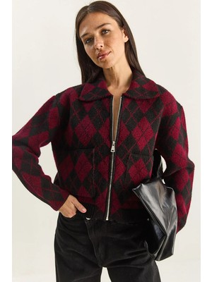 Shade Kadın Baklava Desenli Yakalı Fermuarlı Triko Hırka