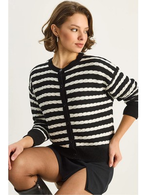 Shade Kadın Çizgili Saç Örgü Basic Triko Hırka
