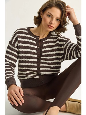 Shade Kadın Çizgili Saç Örgü Basic Triko Hırka