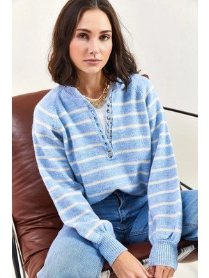 Shade Kadın Yakası Ilikli Balıkçı Yaka Çizgili Triko Kazak