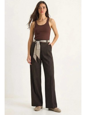 Shade Kadın Saten Kemer Detaylı Wide Leg Denim Pantolon