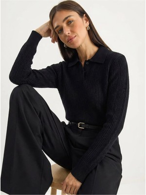 Shade Kadın Polo Yaka Patlı Regular Fit Triko Kazak