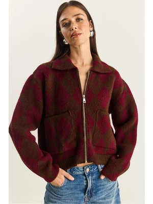 Shade Kadın Baklava Desenli Yakalı Fermuarlı Triko Hırka