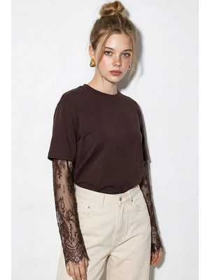 Shade Kadın Bisiklet Yaka Dantel Kollu Oversize Pamuklu T-Shirt