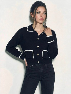 Shade Kadın Polo Yaka Cep Detaylı Çoban Dikişli Triko Hırka