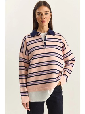 Shade Kadın Polo Yaka Çizgili Basic Triko Kazak
